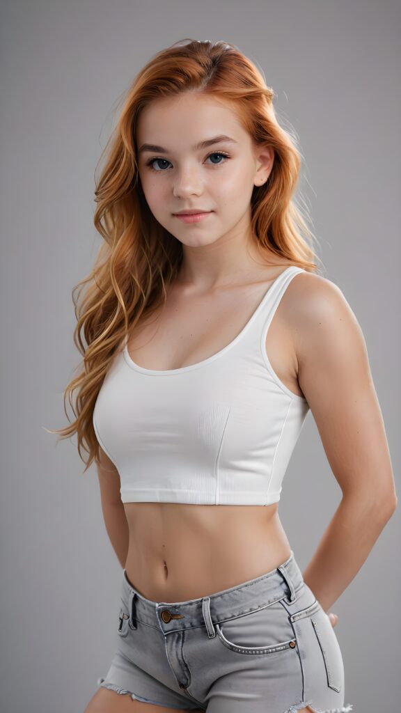 a stunning photo from (((a cute teen girl))), with luxurious, amber hair and a sleek, muscular figure, lightly dressed in white, ((grey background))