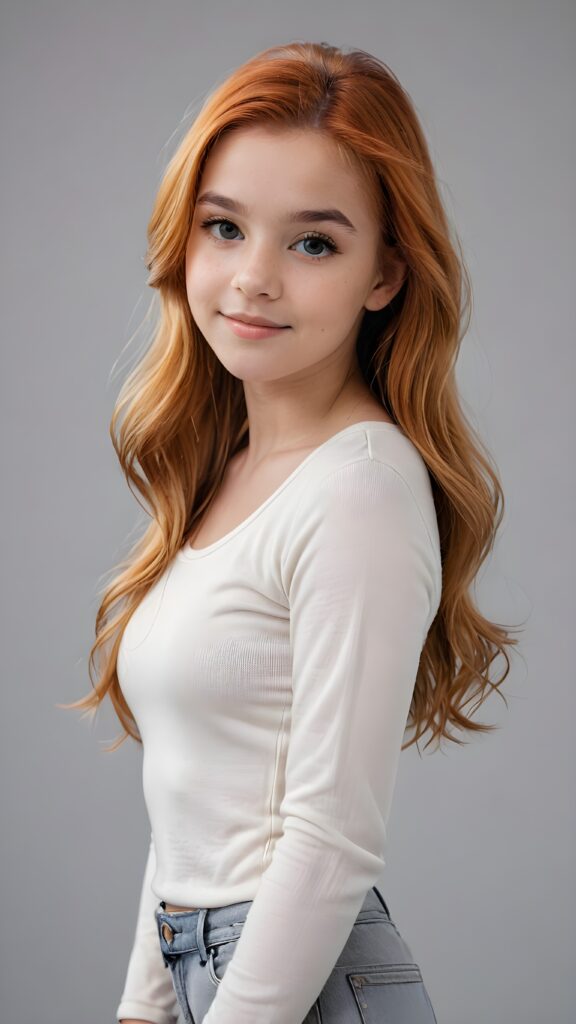 a stunning photo from (((a cute teen girl))), with luxurious, amber hair and a sleek, muscular figure, lightly dressed in white, ((grey background))