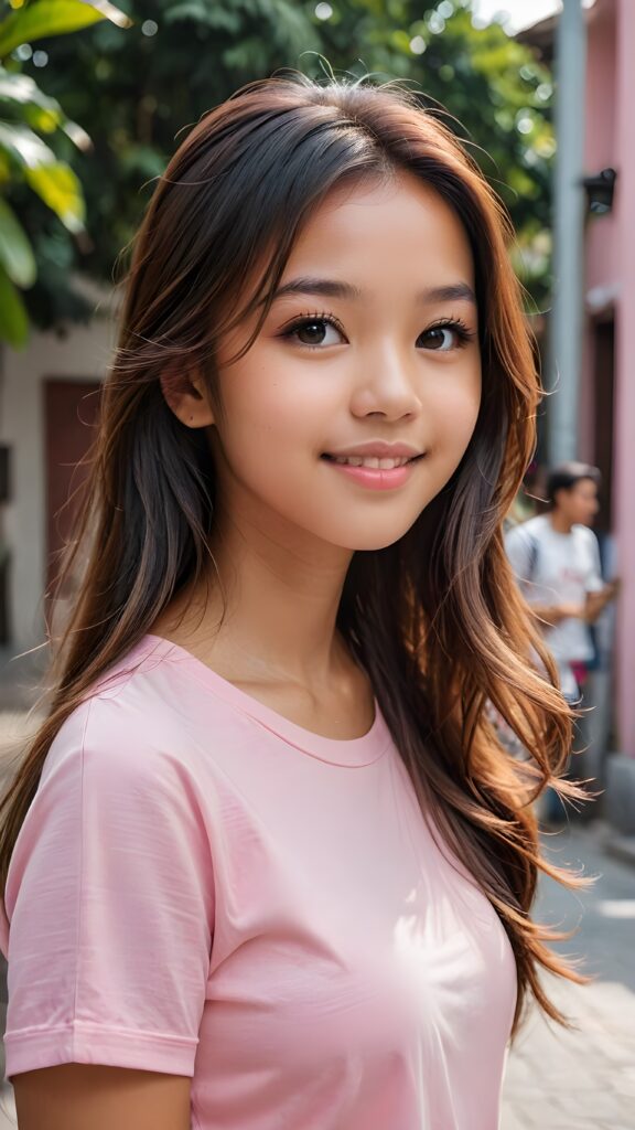 a stunning portrait (((ultra realistic professional photograph))) ((cute)) ((gorgeous)) excellently capturing an amiable, young Filipina teen girl, straight jet long hair, round face, full lips, smile, side view, ((pink no printed t-shirt))