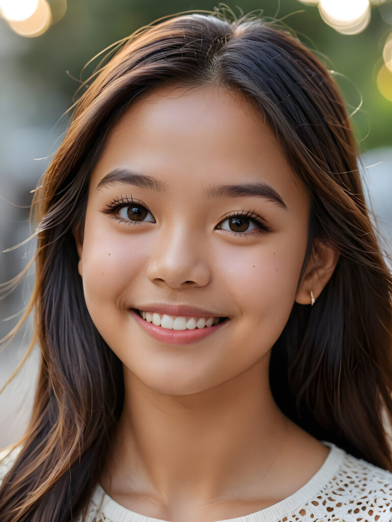 a stunning portrait (((ultra realistic professional photograph))) ((cute)) ((gorgeous)) excellently capturing an amiable, young Filipino teen girl, straight hair, round face, full lips, smile, side view