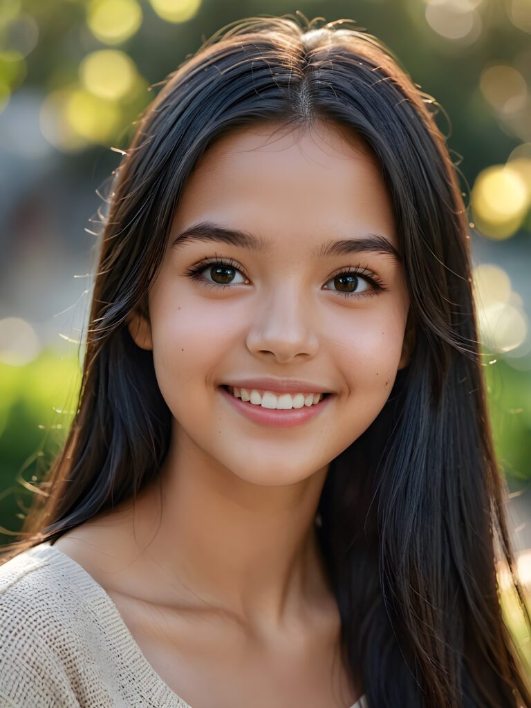 a stunning portrait (((ultra realistic professional photograph))) excellently capturing an amiable, 15 years old girl, black long straight hair, full lips, smile, side view