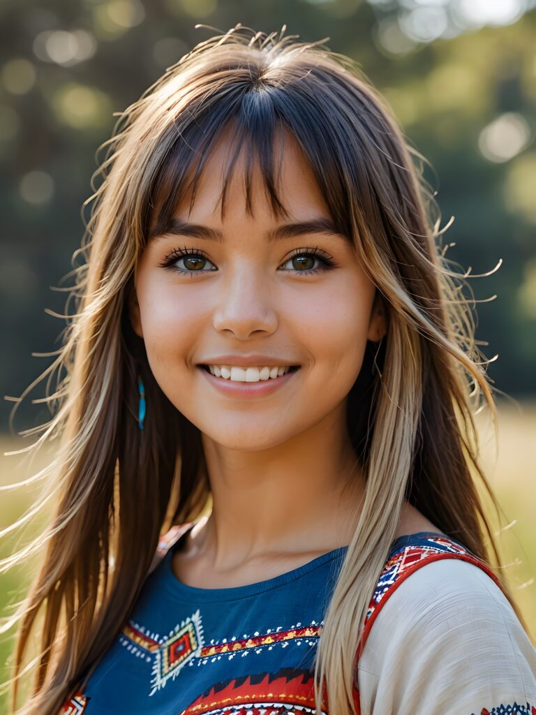 a stunning portrait (((ultra realistic professional photograph))) ((cute)) ((gorgeous)) excellently capturing an amiable, young (native american style) girl, crop top, blond long straight hair, bangs cut, full lips, blue eyes, smile, side view