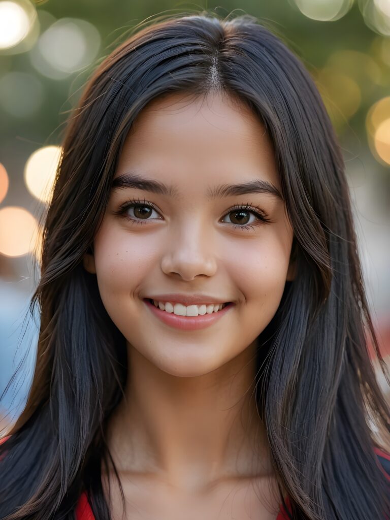 a stunning portrait (((ultra realistic professional photograph))) excellently capturing an amiable, 15 years old girl, black long straight hair, full lips, smile, side view