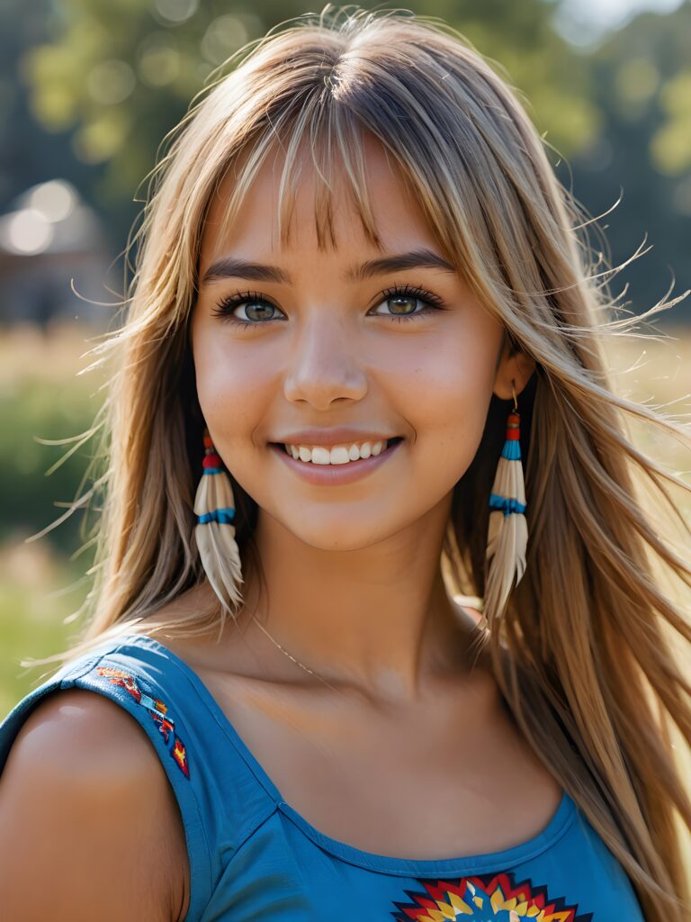 a stunning portrait (((ultra realistic professional photograph))) ((cute)) ((gorgeous)) excellently capturing an amiable, young (native american style) girl, crop top, blond long straight hair, bangs cut, full lips, blue eyes, smile, side view