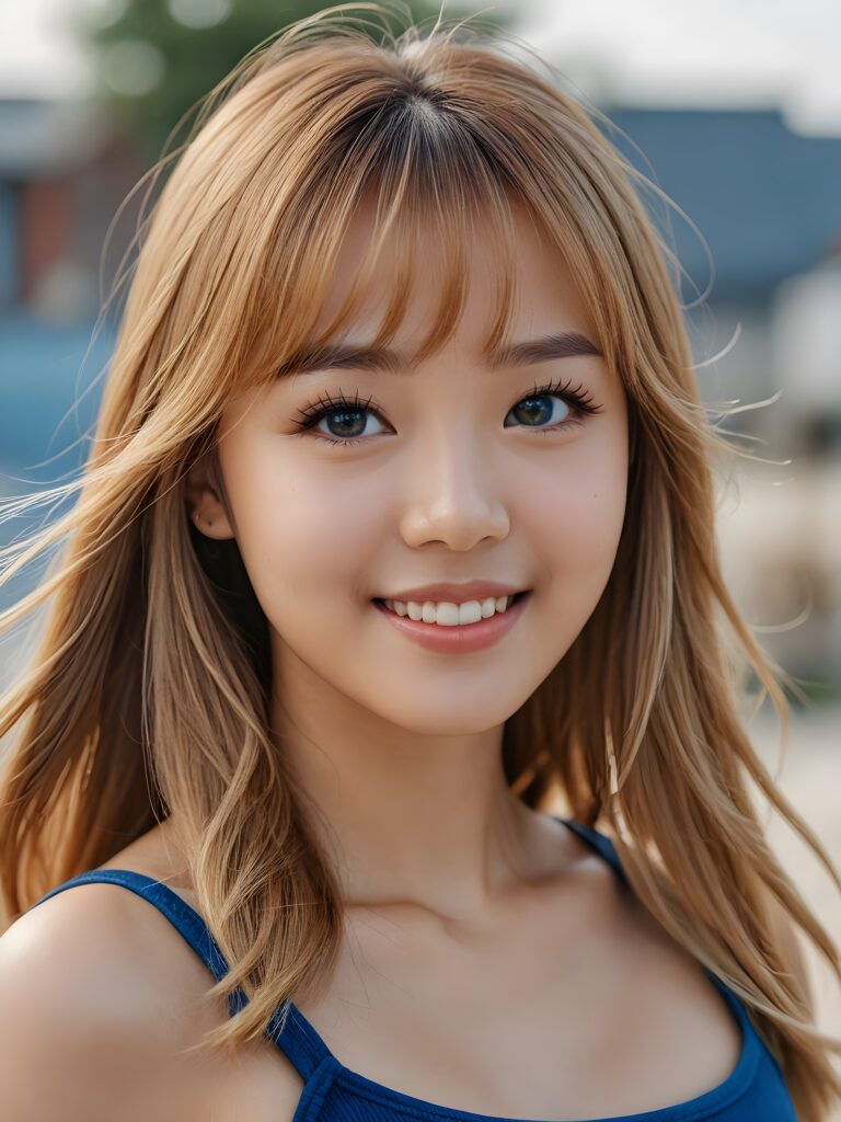 a stunning portrait (((ultra realistic professional photograph))) ((cute)) ((gorgeous)) excellently capturing an amiable, young Korean girl, crop top, blond long straight hair, bangs cut, full lips, blue eyes, smile, side view