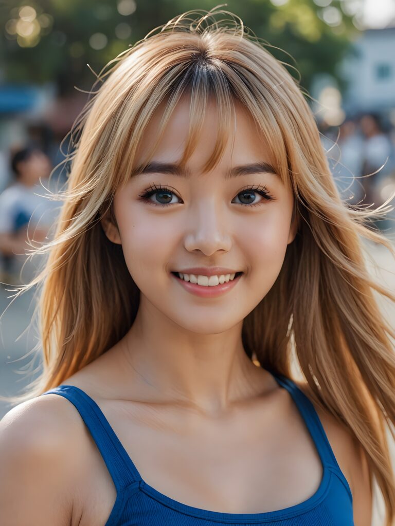 a stunning portrait (((ultra realistic professional photograph))) ((cute)) ((gorgeous)) excellently capturing an amiable, young Korean girl, crop top, blond long straight hair, bangs cut, full lips, blue eyes, smile, side view