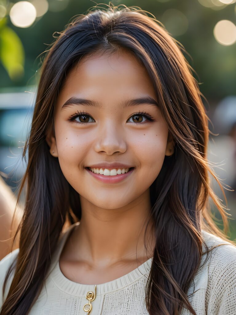 a stunning portrait (((ultra realistic professional photograph))) ((cute)) ((gorgeous)) excellently capturing an amiable, young Burmese teen girl, straight hair, round face, full lips, smile, side view