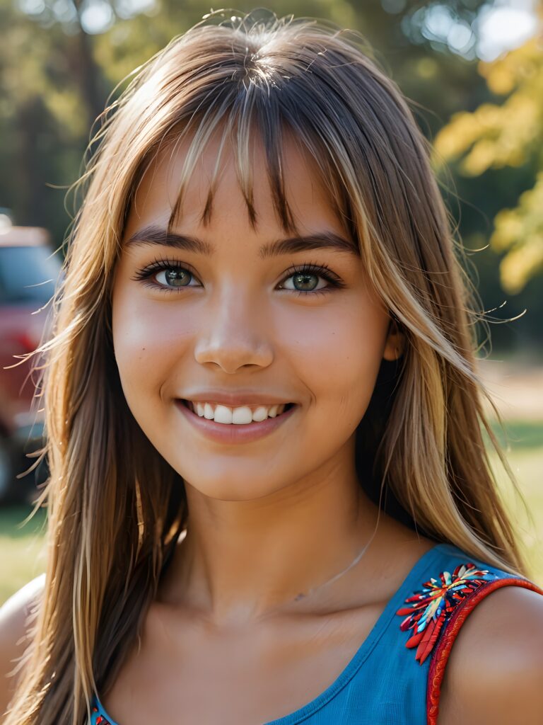 a stunning portrait (((ultra realistic professional photograph))) ((cute)) ((gorgeous)) excellently capturing an amiable, young (native american style) girl, crop top, blond long straight hair, bangs cut, full lips, blue eyes, smile, side view