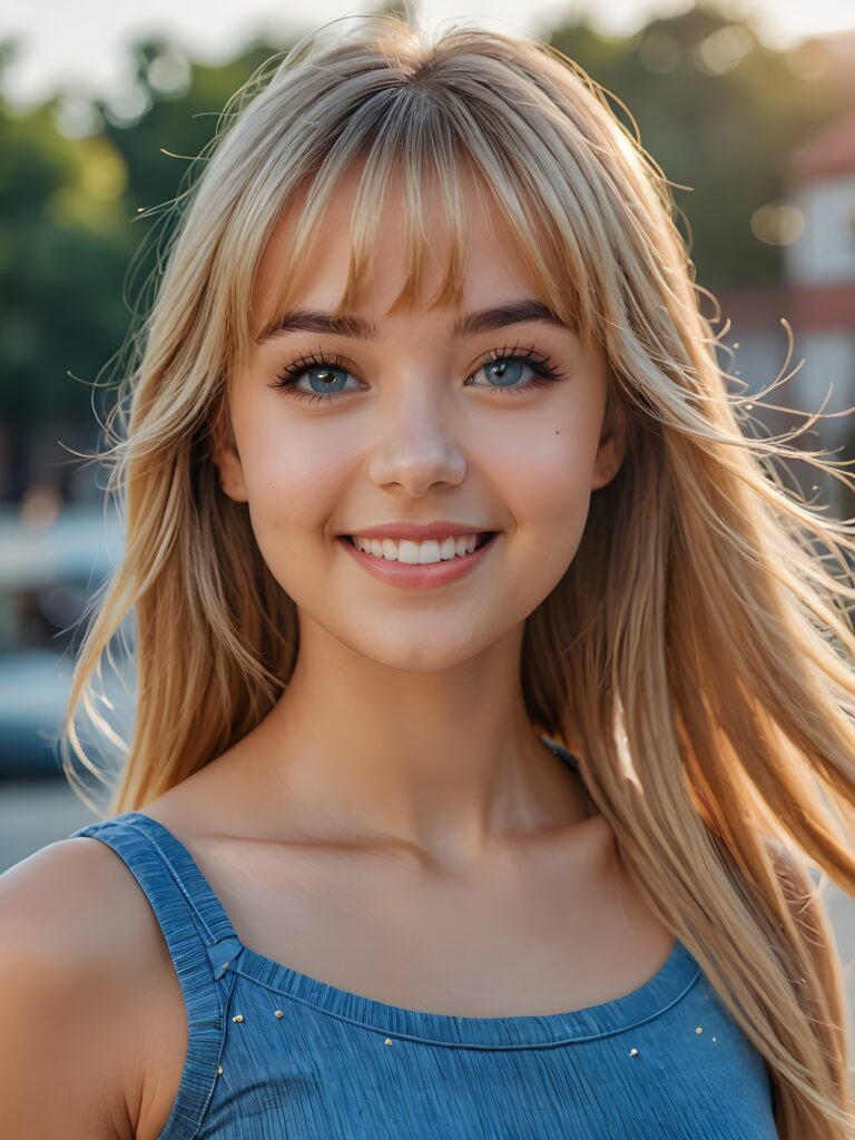 a stunning portrait (((ultra realistic professional photograph))) ((cute)) ((gorgeous)) excellently capturing an amiable, young Exotic girl, crop top, blond long straight hair, bangs cut, full lips, blue eyes, smile, side view