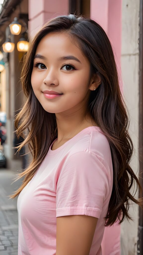 a stunning portrait (((ultra realistic professional photograph))) ((cute)) ((gorgeous)) excellently capturing an amiable, young Filipina teen girl, straight jet long hair, round face, full lips, smile, side view, ((pink no printed t-shirt))