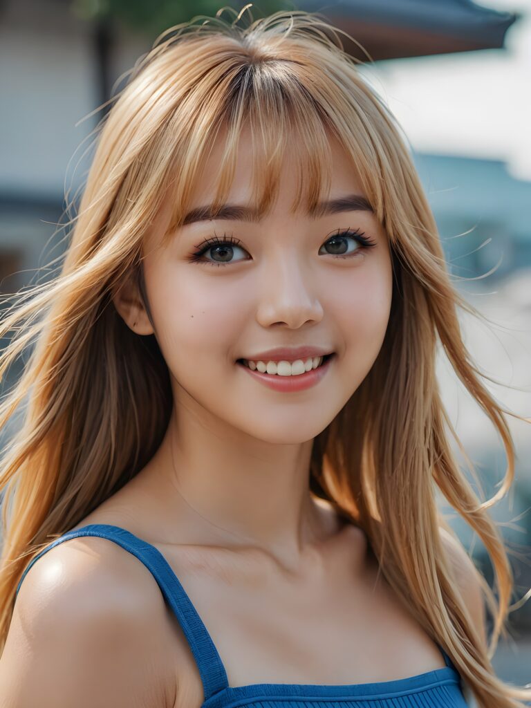 a stunning portrait (((ultra realistic professional photograph))) ((cute)) ((gorgeous)) excellently capturing an amiable, young Korean girl, crop top, blond long straight hair, bangs cut, full lips, blue eyes, smile, side view