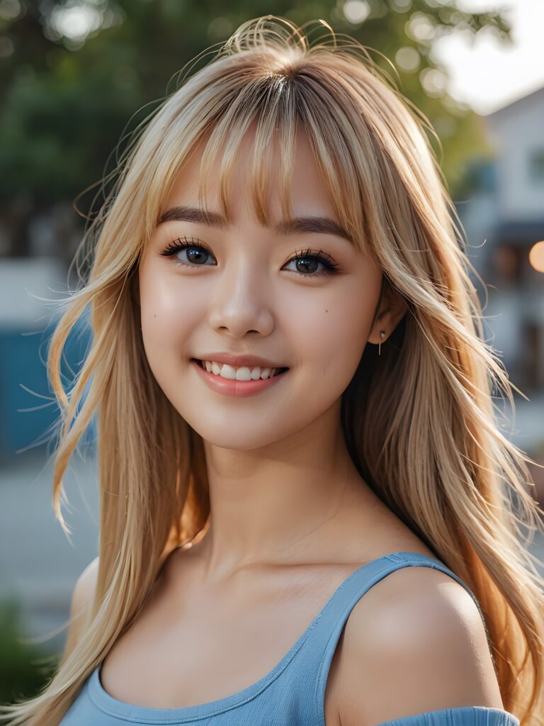 a stunning portrait (((ultra realistic professional photograph))) ((cute)) ((gorgeous)) excellently capturing an amiable, young Korean girl, crop top, blond long straight hair, bangs cut, full lips, blue eyes, smile, side view