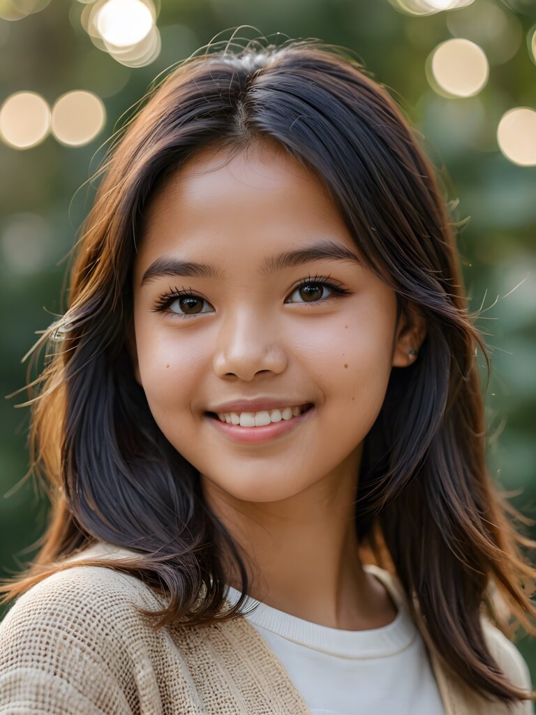 a stunning portrait (((ultra realistic professional photograph))) ((cute)) ((gorgeous)) excellently capturing an amiable, young Burmese teen girl, straight hair, round face, full lips, smile, side view