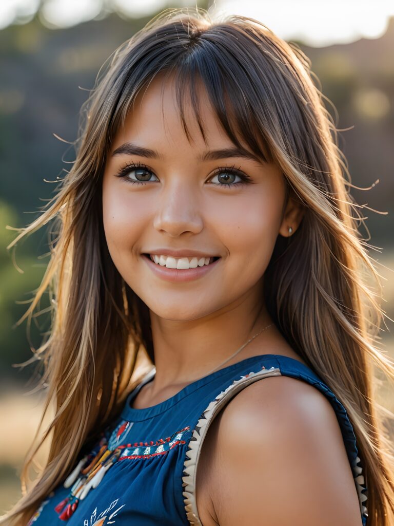 a stunning portrait (((ultra realistic professional photograph))) ((cute)) ((gorgeous)) excellently capturing an amiable, young (native american style) girl, crop top, blond long straight hair, bangs cut, full lips, blue eyes, smile, side view