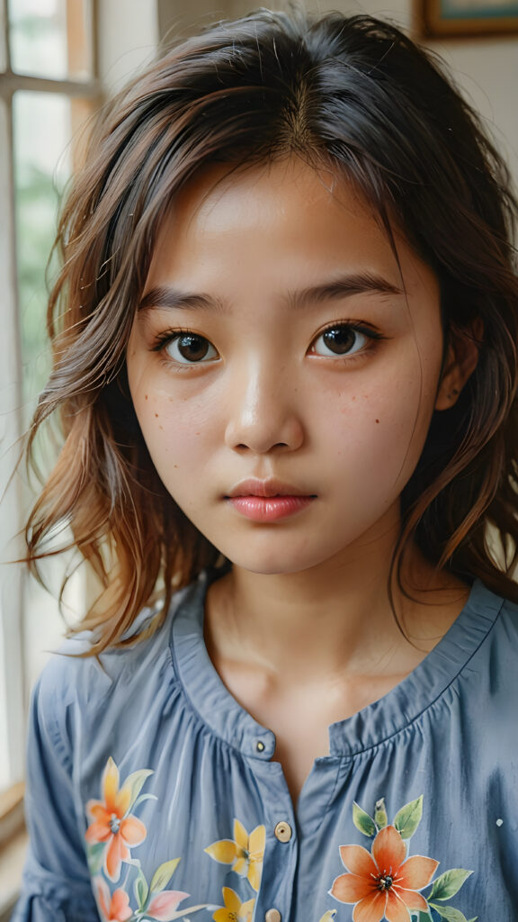 a stunning (((watercolor painting))) intricate details capturing a (((close-up portrait))), beautiful young Vietnamese girl with an (imperfect yet endearing complexion) and tousled locks, tears streaming down her face, emoting a (serious concern), framed by a (moderately cluttered room) in a softly (backlit environment)