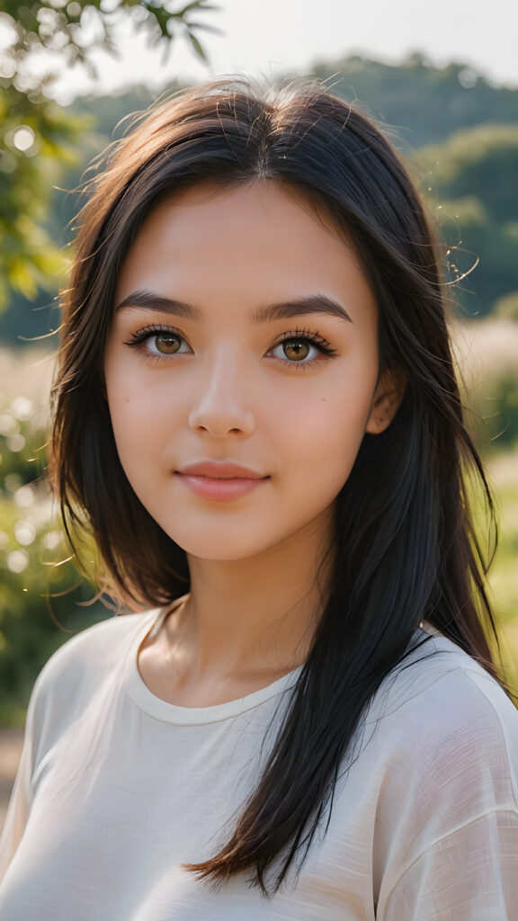 a stunning young girl with soft, long straight jet black hair, captured in a perfect portrait style. She has beautiful amber eyes, full lips and a round face. She wears a simple white t-shirt that contrasts beautifully with her radiant features. The background is a dreamy, blurred landscape bathed in soft pastel colors, reminiscent of an impressionist painting. The lighting is warm and ethereal, highlighting her expressive eyes and gentle smile, evoking a sense of serenity and grace.