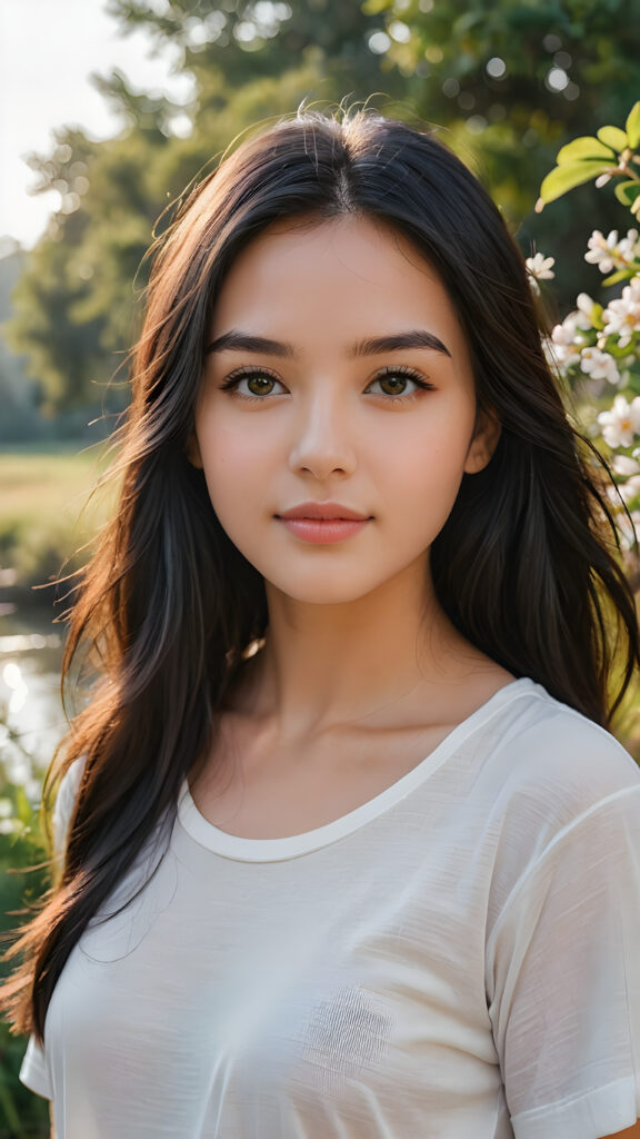 a stunning young girl with soft, long straight jet black hair, captured in a perfect portrait style. She has beautiful amber eyes, full lips and a round face. She wears a simple white t-shirt that contrasts beautifully with her radiant features. The background is a dreamy, blurred landscape bathed in soft pastel colors, reminiscent of an impressionist painting. The lighting is warm and ethereal, highlighting her expressive eyes and gentle smile, evoking a sense of serenity and grace.