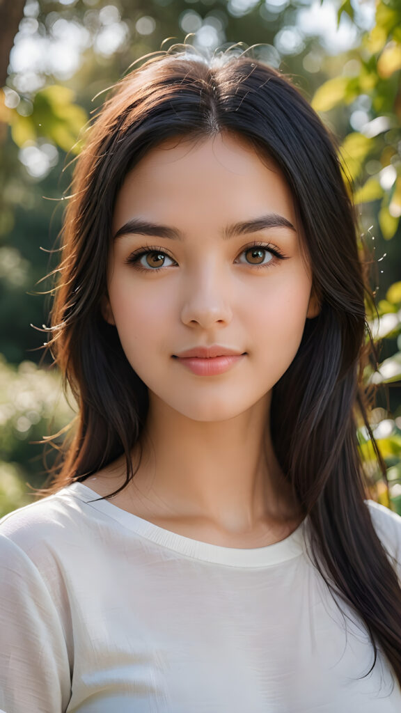 a stunning young girl with soft, long straight jet black hair, captured in a perfect portrait style. She has beautiful amber eyes, full lips and a round face. She wears a simple white t-shirt that contrasts beautifully with her radiant features. The background is a dreamy, blurred landscape bathed in soft pastel colors, reminiscent of an impressionist painting. The lighting is warm and ethereal, highlighting her expressive eyes and gentle smile, evoking a sense of serenity and grace.