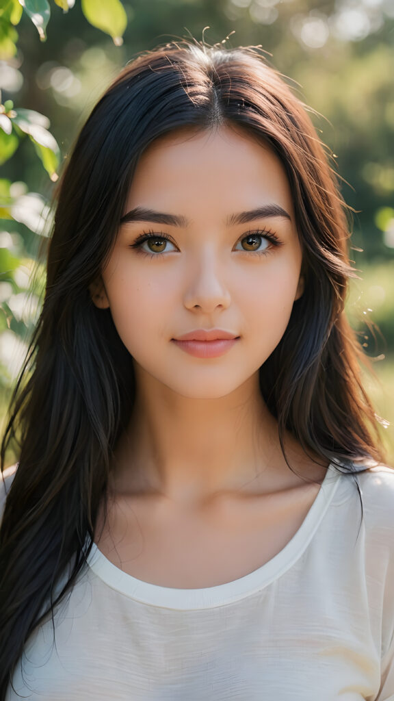 a stunning young girl with soft, long straight jet black hair, captured in a perfect portrait style. She has beautiful amber eyes, full lips and a round face. She wears a simple white t-shirt that contrasts beautifully with her radiant features. The background is a dreamy, blurred landscape bathed in soft pastel colors, reminiscent of an impressionist painting. The lighting is warm and ethereal, highlighting her expressive eyes and gentle smile, evoking a sense of serenity and grace.