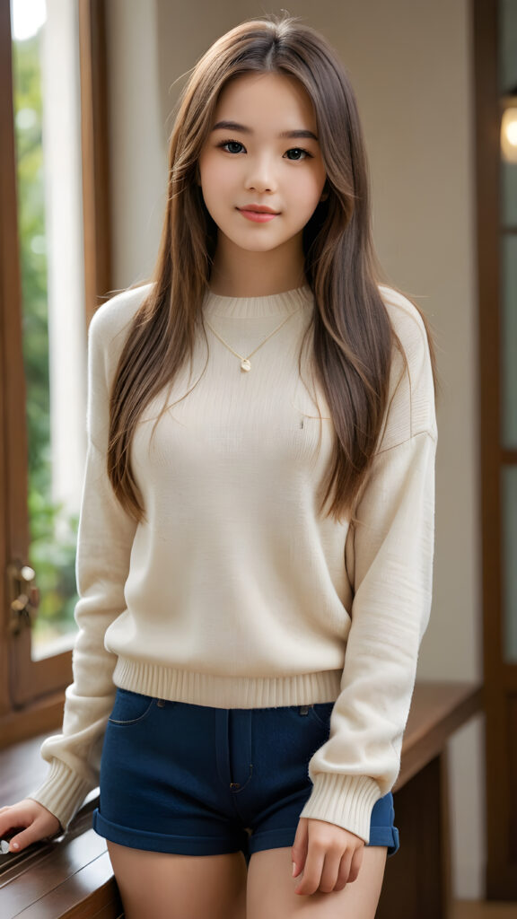 a stunningly (((advanced full body view))) of a (((cutely elegant))) (((attractive teen girl model))) with an ultra realistic face, (((detailed (straight hair))) her perfectly curved body exuding cuteness, dressed in a thin short crop wool sweater, super short pants) for a picture that embodies both style and sophistication. The image is captured with utmost detail and clarity, showcasing its (((high resolution beauty))), as if framed by a masterful hand, inviting the viewer to admire its splendor