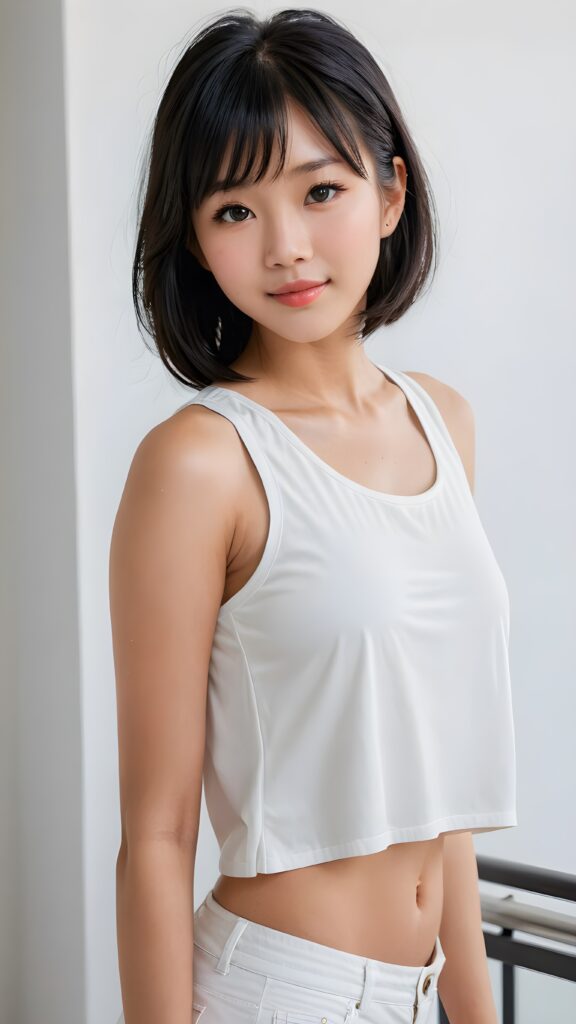 a stunningly (((cute and elegant)) Asian teenage girl) with intricate long (straight soft obsidian black hair, bangs) that extends down her back, dressed in a (((short white cropped tank top))), featuring perfect curves and an ultra realistic face with (detailed, realistic eyes). Her hair framing her face in a masterful composition that draws the eye. The scene is captured with a (highly detailed, ultra realistic image) that exudes a warm glow, emphasizing depth through softly blurred focus and a touch of (film grain), while the girl looks directly at the viewer with a (serene smile) that draws attention to her upper body, which stands out in striking detail against a (masterfully crafted, ultra realistic backdrop) that borders on (best-quality art) ((white background))