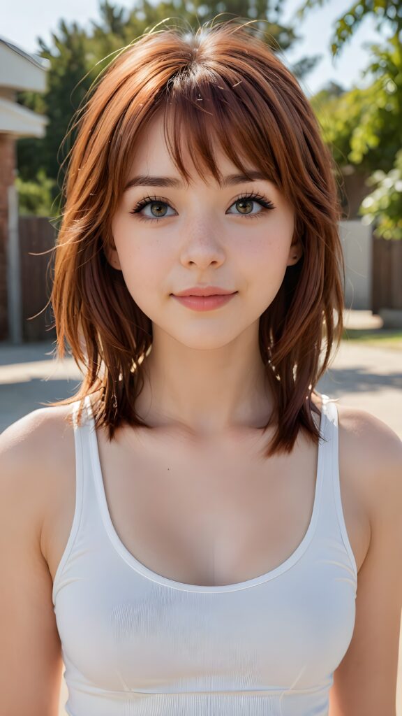 a stunningly (((cute and elegant)) Emo teenage girl) with intricate long (straight soft auburn hair, bangs) that extends down her back, dressed in a (((short white cropped tank top))), featuring perfect curves and an ultra realistic face with (detailed, realistic eyes). Her hair framing her face in a masterful composition that draws the eye. The scene is captured with a (highly detailed, ultra realistic image) that exudes a warm glow, emphasizing depth through softly blurred focus and a touch of (film grain), while the girl looks directly at the viewer with a (serene smile) that draws attention to her upper body, which stands out in striking detail against a (masterfully crafted, ultra realistic backdrop) that borders on (best-quality art)