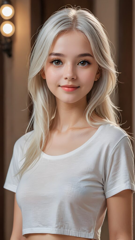 a stunningly (((cute and elegant)) young teen girl) with intricate long (straight soft white hair) that extends down her back, dressed in a (((short cropped t-shirt))), featuring perfect curves and an ultra realistic face with (detailed, realistic eyes). Her hair framing her face in a masterful composition that draws the eye. The scene is captured with a (highly detailed, ultra realistic image) that exudes a warm glow, emphasizing depth through softly blurred focus and a touch of (film grain), while the girl looks directly at the viewer with a (serene smile) that draws attention to her upper body, which stands out in striking detail against a (masterfully crafted, ultra realistic backdrop) that borders on (best-quality art)