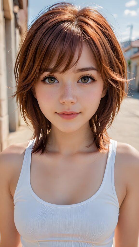 a stunningly (((cute and elegant)) Emo teenage girl) with intricate long (straight soft auburn hair, bangs) that extends down her back, dressed in a (((short white cropped tank top))), featuring perfect curves and an ultra realistic face with (detailed, realistic eyes). Her hair framing her face in a masterful composition that draws the eye. The scene is captured with a (highly detailed, ultra realistic image) that exudes a warm glow, emphasizing depth through softly blurred focus and a touch of (film grain), while the girl looks directly at the viewer with a (serene smile) that draws attention to her upper body, which stands out in striking detail against a (masterfully crafted, ultra realistic backdrop) that borders on (best-quality art)