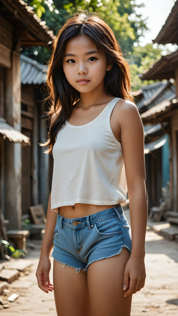 a (((stunningly realistic full-body photograph))), capturing a (((Burmese teen girl))) at age 15, where her gently curved contours and (((minimalist go-go shorts))) hint at a (((whimsically innocent yet subtly seductive aura))), set against a (((thunderously detailed, sharply focused background))), with a (serenely elegant, side-swept angle) that brings out the (best possible view), as if chiseled onto a (matte oil canvas) using the (advanced techniques of cinematic realism)