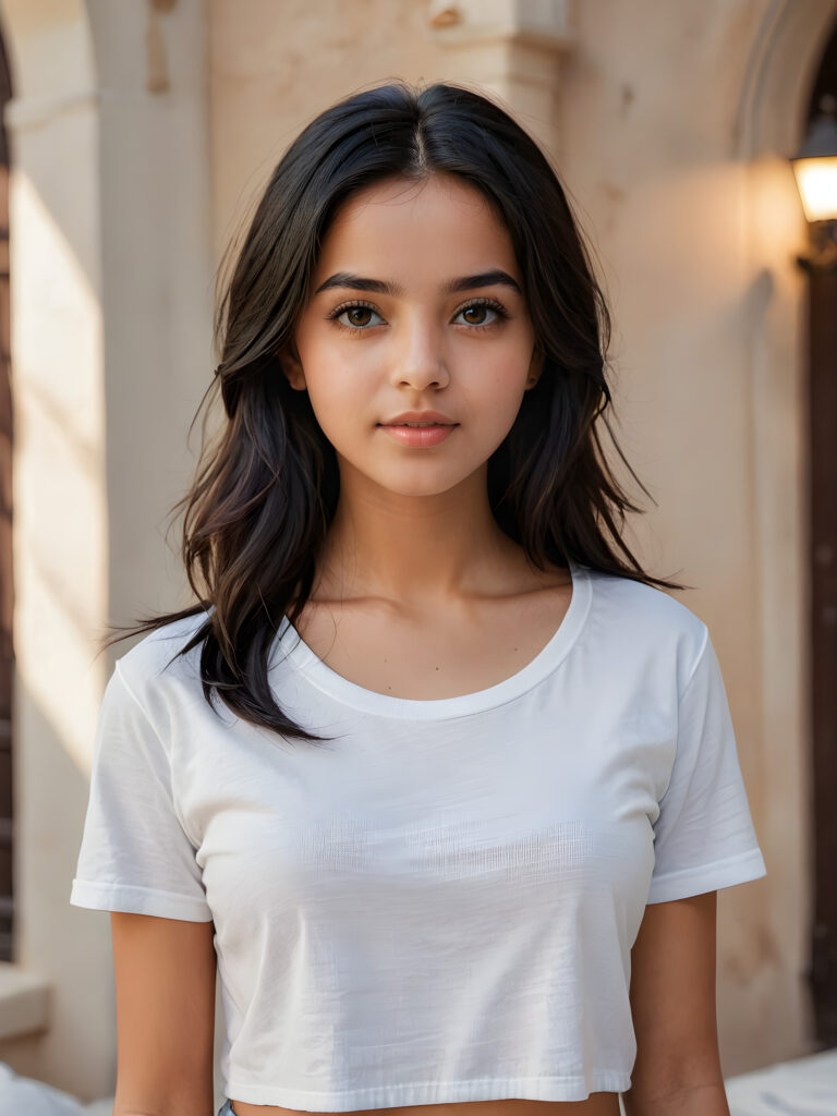 a (((stunningly gorgeous))) (((detailed and realistic portrait))) featuring a 16-year-old Arab girl who wears a (((white short t-shirt))), long straight black hair, she has a perfect curved body