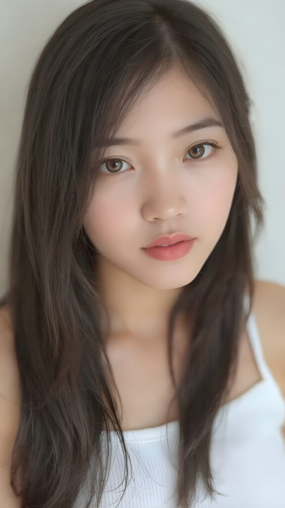 a (((stunningly realistic full-body photograph))), capturing a beautifully proportioned (((Asian teenage girl))) with exquisite features like smooth skin, (((amber eyes))), and long, straight black hair that reaches down to her waist. Her lips are soft and inviting, painted in a (natural, light hue). She wears a (very short, tight white crop tank top) that accentuates her flawless complexion. The scene is (softly backlit) with a (natural focus on her face and lips). Looking into the camera. ((Full body view))