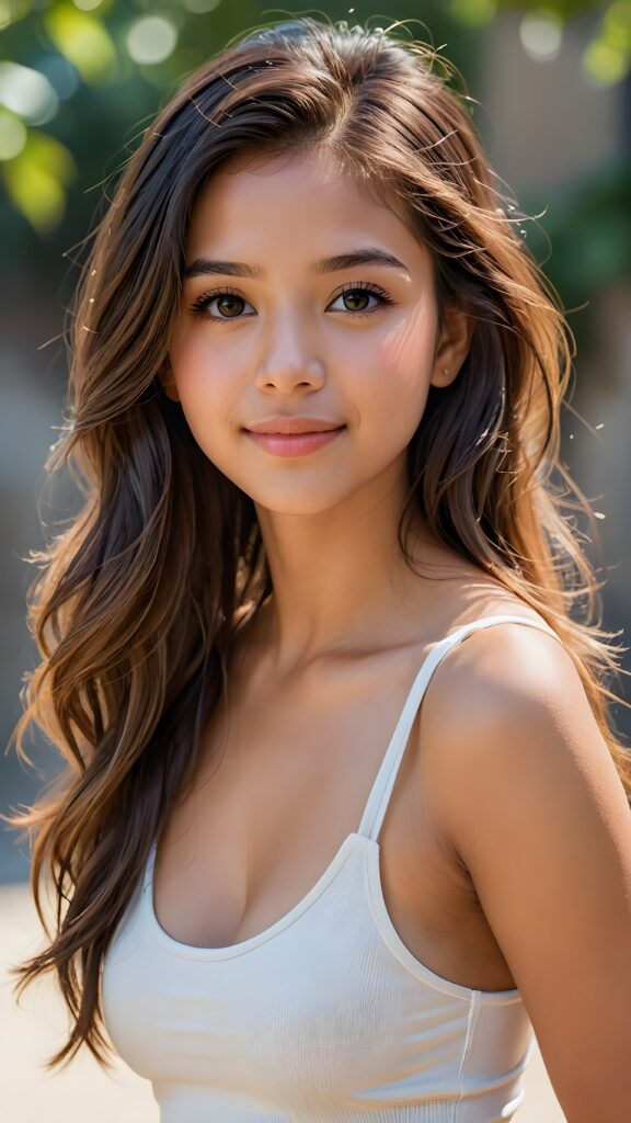 a stunningly (((cute and elegant)) young Latino teen girl) with intricate long (straight soft hair) that extends down her back, dressed in a (((short white cropped tank top))), featuring perfect curves and an ultra realistic face with (detailed, realistic eyes). Her hair framing her face in a masterful composition that draws the eye. The scene is captured with a (highly detailed, ultra realistic image) that exudes a warm glow, emphasizing depth through softly blurred focus and a touch of (film grain), while the girl looks directly at the viewer with a (serene smile) that draws attention to her upper body, which stands out in striking detail against a (masterfully crafted, ultra realistic backdrop) that borders on (best-quality art)