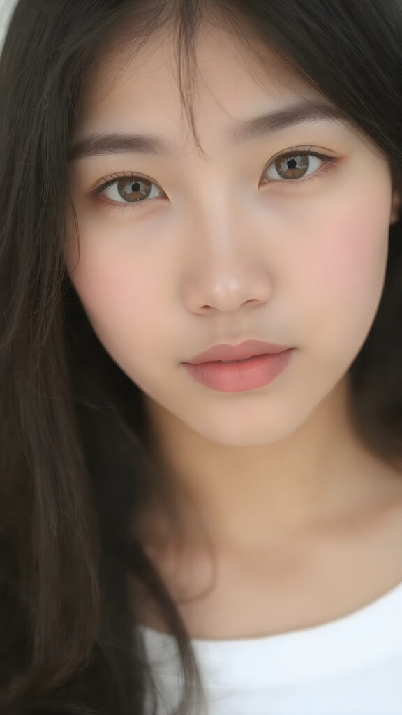 a (((stunningly realistic full-body photograph))), capturing a beautifully proportioned (((Asian teenage girl))) with exquisite features like smooth skin, (((amber eyes))), and long, straight black hair that reaches down to her waist. Her lips are soft and inviting, painted in a (natural, light hue). She wears a (very short, tight white crop tank top) that accentuates her flawless complexion. The scene is (softly backlit) with a (natural focus on her face and lips). Looking into the camera. ((Full body view))