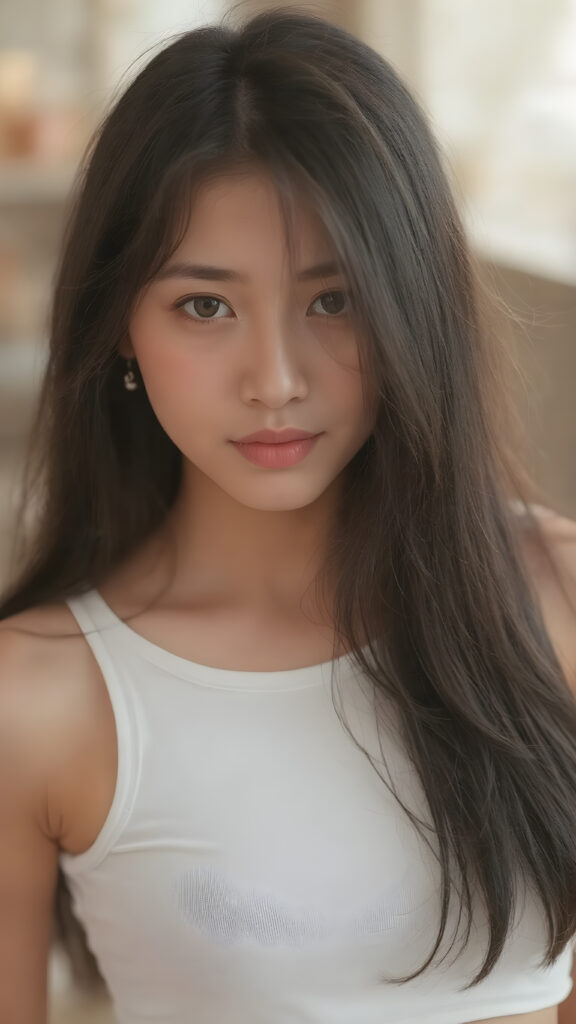 a (((stunningly realistic full-body photograph))), capturing a beautifully proportioned (((Asian teenage girl))) with exquisite features like smooth skin, (((amber eyes))), and long, straight black hair that reaches down to her waist. Her lips are soft and inviting, painted in a (natural, light hue). She wears a (very short, tight white crop tank top) that accentuates her flawless complexion. The scene is (softly backlit) with a (natural focus on her face and lips). Looking into the camera. ((Full body view))