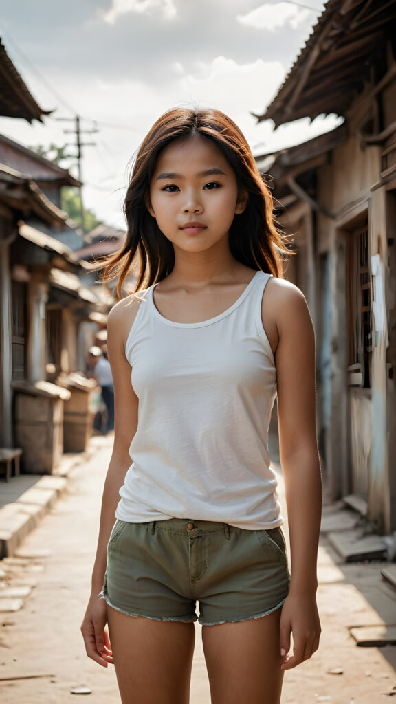 a (((stunningly realistic full-body photograph))), capturing a (((Burmese teen girl))) at age 15, where her gently curved contours and (((minimalist go-go shorts))) hint at a (((whimsically innocent yet subtly seductive aura))), set against a (((thunderously detailed, sharply focused background))), with a (serenely elegant, side-swept angle) that brings out the (best possible view), as if chiseled onto a (matte oil canvas) using the (advanced techniques of cinematic realism)