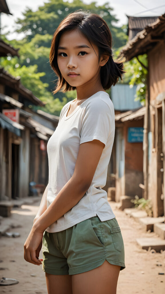 a (((stunningly realistic full-body photograph))), capturing a (((Burmese teen girl))) at age 15, where her gently curved contours and (((minimalist go-go shorts))) hint at a (((whimsically innocent yet subtly seductive aura))), set against a (((thunderously detailed, sharply focused background))), with a (serenely elegant, side-swept angle) that brings out the (best possible view), as if chiseled onto a (matte oil canvas) using the (advanced techniques of cinematic realism)