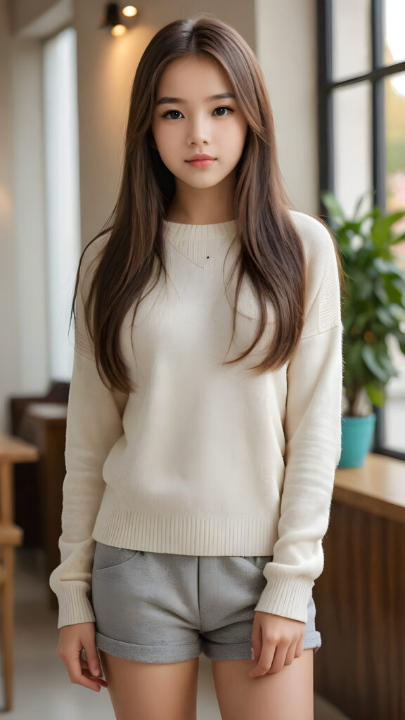 a stunningly (((advanced full body view))) of a (((cutely elegant))) (((attractive teen girl model))) with an ultra realistic face, (((detailed (straight hair))) her perfectly curved body exuding cuteness, dressed in a thin short crop wool sweater, super short pants) for a picture that embodies both style and sophistication. The image is captured with utmost detail and clarity, showcasing its (((high resolution beauty))), as if framed by a masterful hand, inviting the viewer to admire its splendor