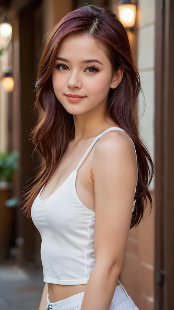 a stunningly (((cute and elegant)) teenage girl) with intricate long (straight hair) that extends down her back, dressed in a (((short white cropped tank top))), featuring perfect curves and an ultra realistic face with (detailed, realistic amber eyes). Her hair is colored in shades of (maroon) and styled in a sleek straight mane, framing her face in a masterful composition that draws the eye. The scene is captured with a (highly detailed, ultra realistic image) that exudes a warm glow, emphasizing depth through softly blurred focus and a touch of (film grain), while the girl looks directly at the viewer with a (serene smile) that draws attention to her upper body, which stands out in striking detail against a (masterfully crafted, ultra realistic backdrop) that borders on (best-quality art)