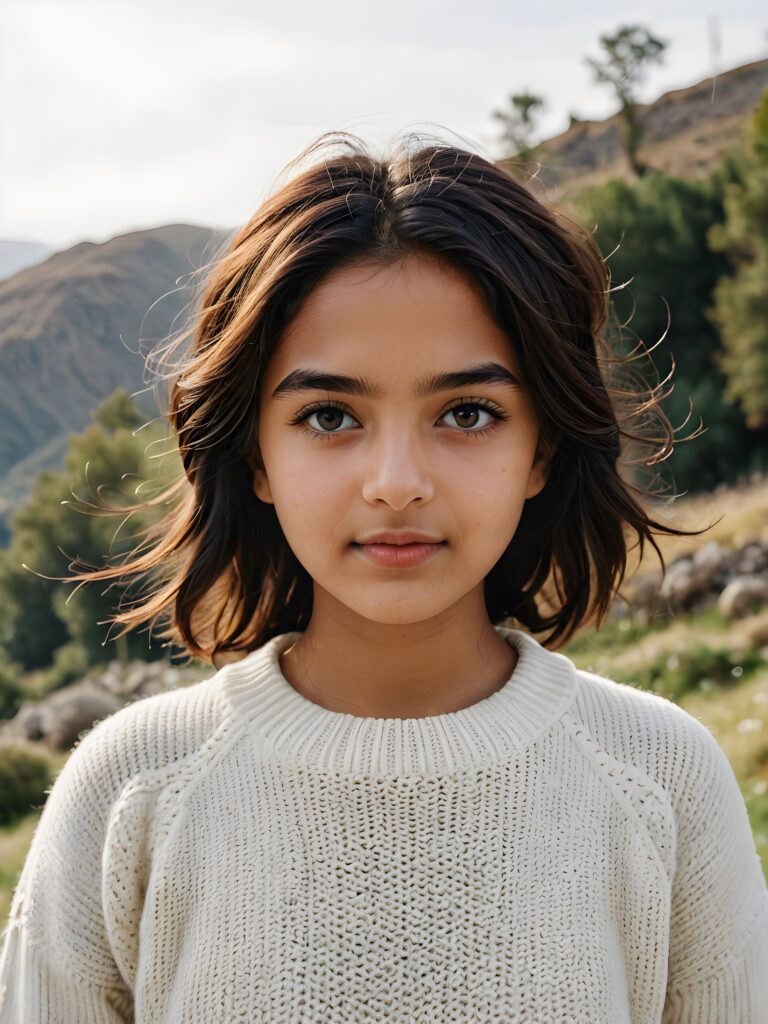 a (((stunningly gorgeous))) (((detailed and realistic portrait))) featuring a 16-year-old Pakistani girl who wears a (((white short sweater made of fine wool)))