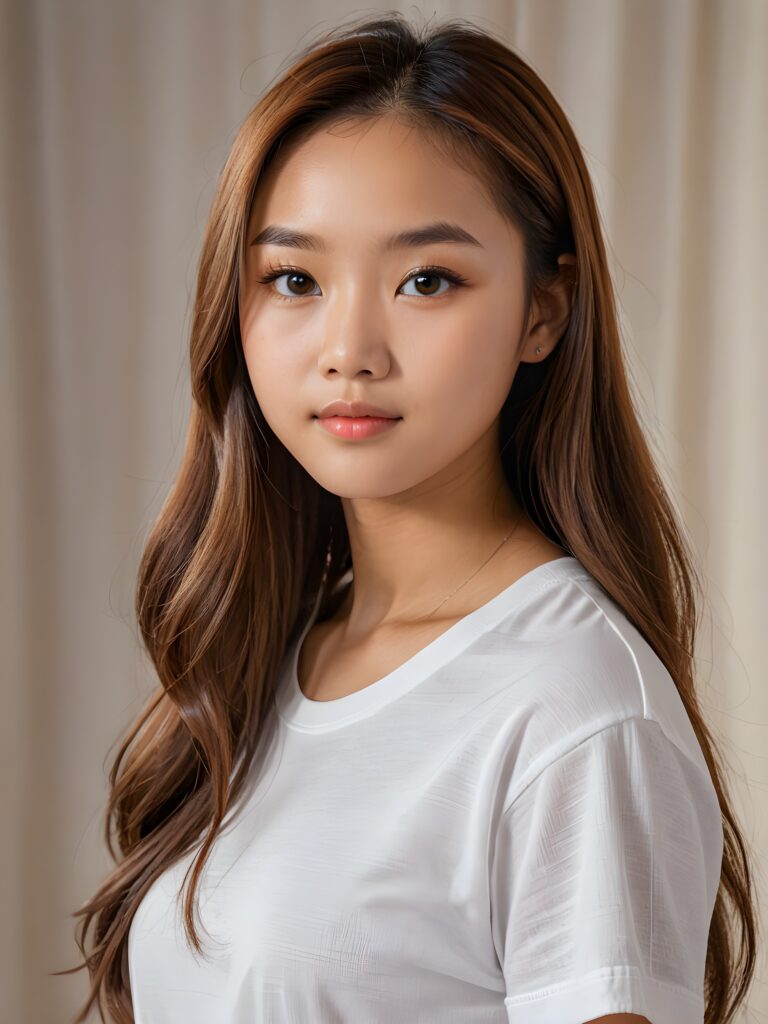 a (((stunningly elegant and cute long, straight hazelnut hair))) Asian (((teen girl))) with a (((realistically detailed angelic round face))) and (((realistically detailed hazelnut eyes))) looking pensively at the camera in a (((perfectly drawn portrait shot))) against a (((flawlessly detailed, realistic skin color))) backdrop, wearing a (super short, tight ((white t-shirt made on thin silk))), her flawless form elegantly framed by a side perspective, without any (background details)