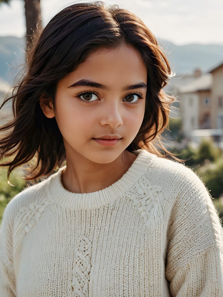 a (((stunningly gorgeous))) (((detailed and realistic portrait))) featuring a 16-year-old Pakistani girl who wears a (((white short sweater made of fine wool)))