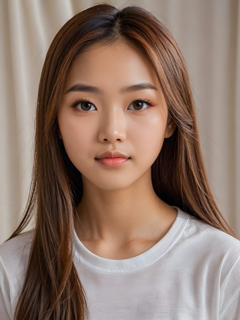 a (((stunningly elegant and cute long, straight hazelnut hair))) Asian (((teen girl))) with a (((realistically detailed angelic round face))) and (((realistically detailed hazelnut eyes))) looking pensively at the camera in a (((perfectly drawn portrait shot))) against a (((flawlessly detailed, realistic skin color))) backdrop, wearing a (super short, tight ((white t-shirt made on thin silk))), her flawless form elegantly framed by a side perspective, without any (background details)