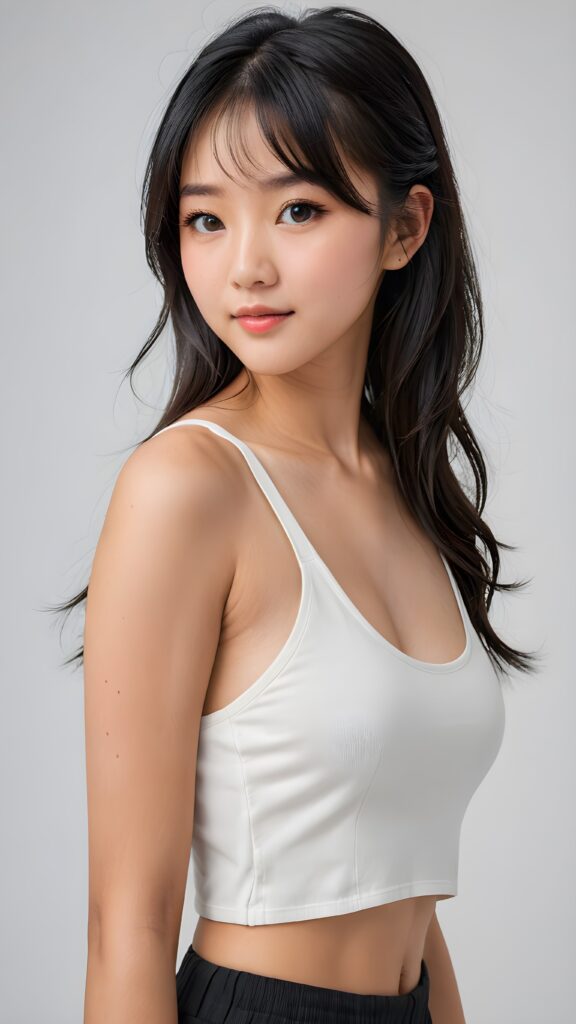 a stunningly (((cute and elegant)) Asian teenage girl) with intricate long (straight soft obsidian black hair, bangs) that extends down her back, dressed in a (((short white cropped tank top))), featuring perfect curves and an ultra realistic face with (detailed, realistic eyes). Her hair framing her face in a masterful composition that draws the eye. The scene is captured with a (highly detailed, ultra realistic image) that exudes a warm glow, emphasizing depth through softly blurred focus and a touch of (film grain), while the girl looks directly at the viewer with a (serene smile) that draws attention to her upper body, which stands out in striking detail against a (masterfully crafted, ultra realistic backdrop) that borders on (best-quality art) ((white background))