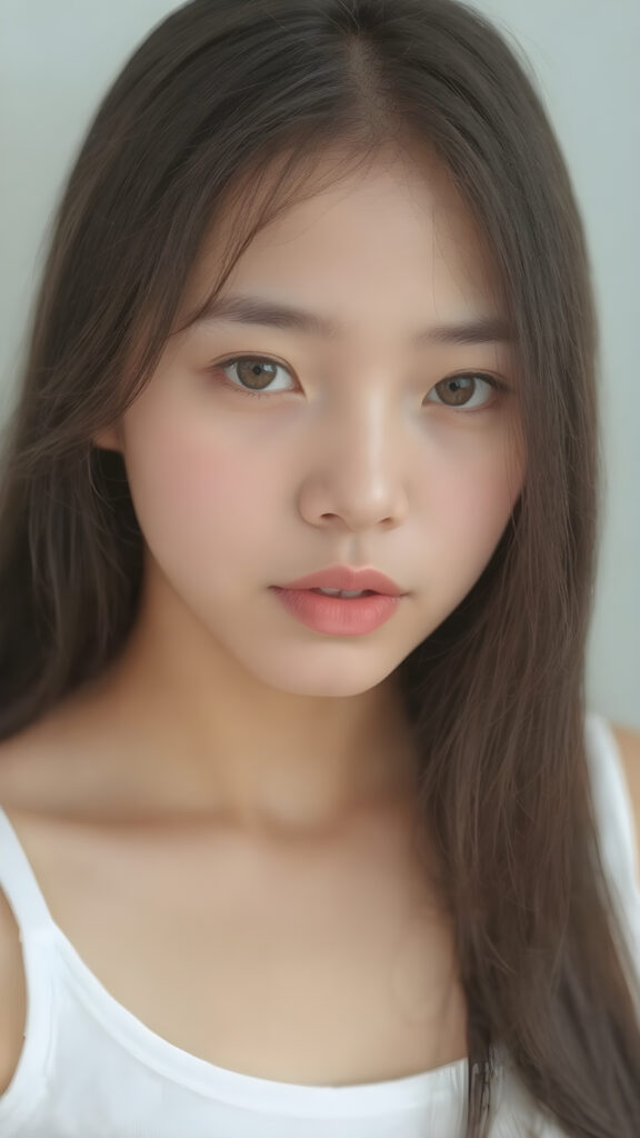 a (((stunningly realistic full-body photograph))), capturing a beautifully proportioned (((Asian teenage girl))) with exquisite features like smooth skin, (((amber eyes))), and long, straight black hair that reaches down to her waist. Her lips are soft and inviting, painted in a (natural, light hue). She wears a (very short, tight white crop tank top) that accentuates her flawless complexion. The scene is (softly backlit) with a (natural focus on her face and lips). Looking into the camera. ((Full body view))