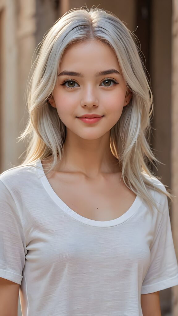 a stunningly (((cute and elegant)) young teen girl) with intricate long (straight soft white hair) that extends down her back, dressed in a (((short cropped t-shirt))), featuring perfect curves and an ultra realistic face with (detailed, realistic eyes). Her hair framing her face in a masterful composition that draws the eye. The scene is captured with a (highly detailed, ultra realistic image) that exudes a warm glow, emphasizing depth through softly blurred focus and a touch of (film grain), while the girl looks directly at the viewer with a (serene smile) that draws attention to her upper body, which stands out in striking detail against a (masterfully crafted, ultra realistic backdrop) that borders on (best-quality art)