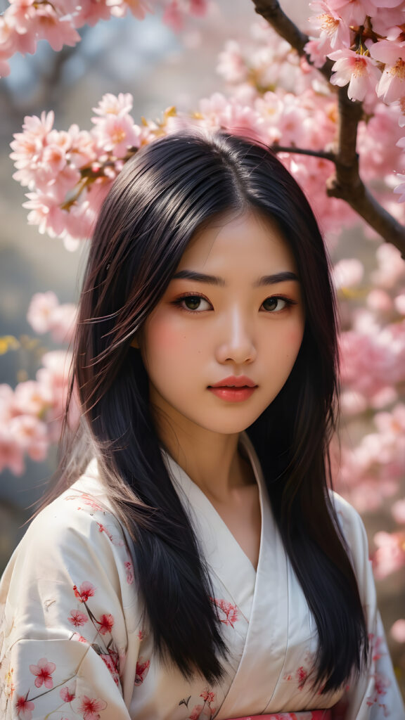 a stunningly beautiful (((Japanese teen model girl))) with (((soft straight black hair, the long hair falls down to her waist))), exuding a (((vividly realistic glow))) that gives off an air of (((ethereal innocence))), her (((detailed, angelic face))) radiating joyful excitement, framed by a (((cherry blossom backdrop))) consisting of (((subtle, elegant patterns))), a (((soft, empty canvas))). She is captured in a (((portrait shot))), with a flawlessly proportioned figure and (((minimalist clothing))) that accentuates every curve, embodying an (((effortless beauty)))