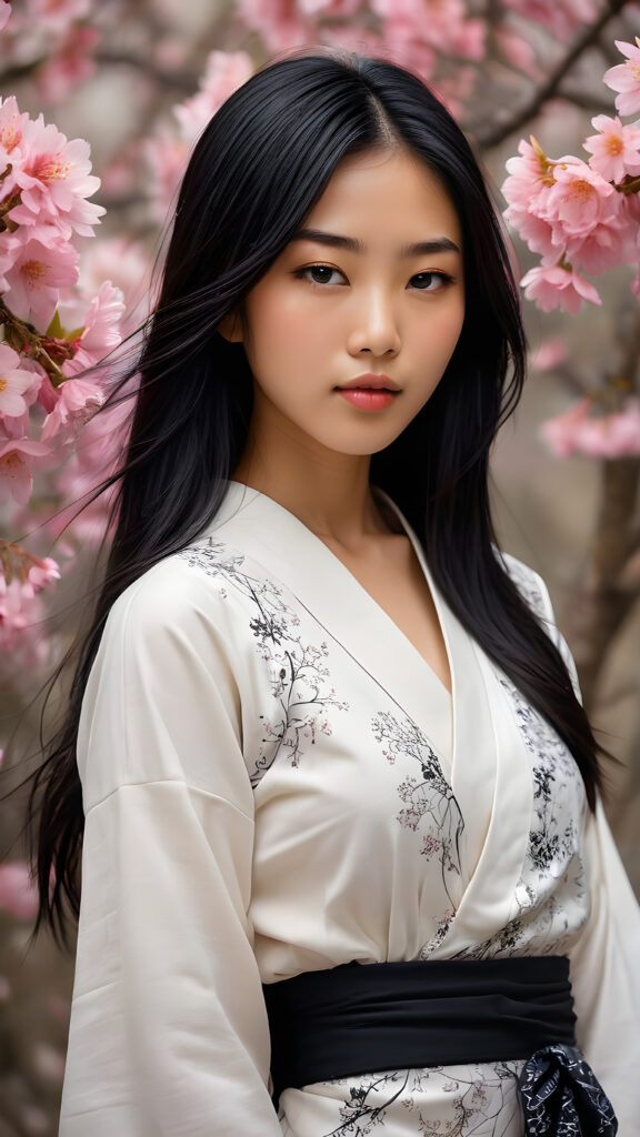 a stunningly beautiful (((Japanese teen model girl))) with (((soft straight black hair, the long hair falls down to her waist))), exuding a (((vividly realistic glow))) that gives off an air of (((ethereal innocence))), her (((detailed, angelic face))) radiating joyful excitement, framed by a (((cherry blossom backdrop))) consisting of (((subtle, elegant patterns))), a (((soft, empty canvas))). She is captured in a (((portrait shot))), with a flawlessly proportioned figure and (((minimalist clothing))) that accentuates every curve, embodying an (((effortless beauty)))