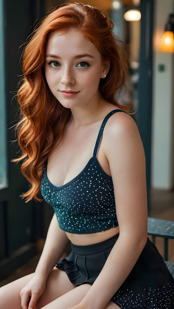 a stunningly beautiful (((teen girl))), with gorgeous, flowing (((soft red hair))), intricate freckles dotting her skin at 0.6 opacity, dressed in a (((low cut short tank top))), its vibrant colors complementing her warm complexion, paired with a (micro skirt) that gracefully swishes around her legs, all set against the backdrop of a (darkened room), where she sits confidently, her face alive with an inviting smile and piercingly poignant eyes, under a high dynamic range that accentuates every intricate detail, from the brilliant shadows to the luminous highlights, creating a portrait that is both realistically advanced and incredibly advanced