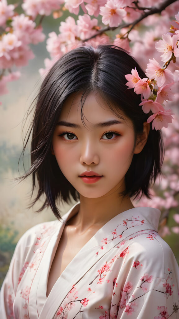 a stunningly beautiful (((Japanese teen model girl))) with (((soft straight black hair, the long hair falls down to her waist))), exuding a (((vividly realistic glow))) that gives off an air of (((ethereal innocence))), her (((detailed, angelic face))) radiating joyful excitement, framed by a (((cherry blossom backdrop))) consisting of (((subtle, elegant patterns))), a (((soft, empty canvas))). She is captured in a (((portrait shot))), with a flawlessly proportioned figure and (((minimalist clothing))) that accentuates every curve, embodying an (((effortless beauty)))