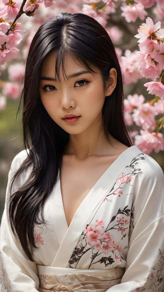 a stunningly beautiful (((Japanese teen model girl))) with (((soft straight black hair, the long hair falls down to her waist))), exuding a (((vividly realistic glow))) that gives off an air of (((ethereal innocence))), her (((detailed, angelic face))) radiating joyful excitement, framed by a (((cherry blossom backdrop))) consisting of (((subtle, elegant patterns))), a (((soft, empty canvas))). She is captured in a (((portrait shot))), with a flawlessly proportioned figure and (((minimalist clothing))) that accentuates every curve, embodying an (((effortless beauty)))